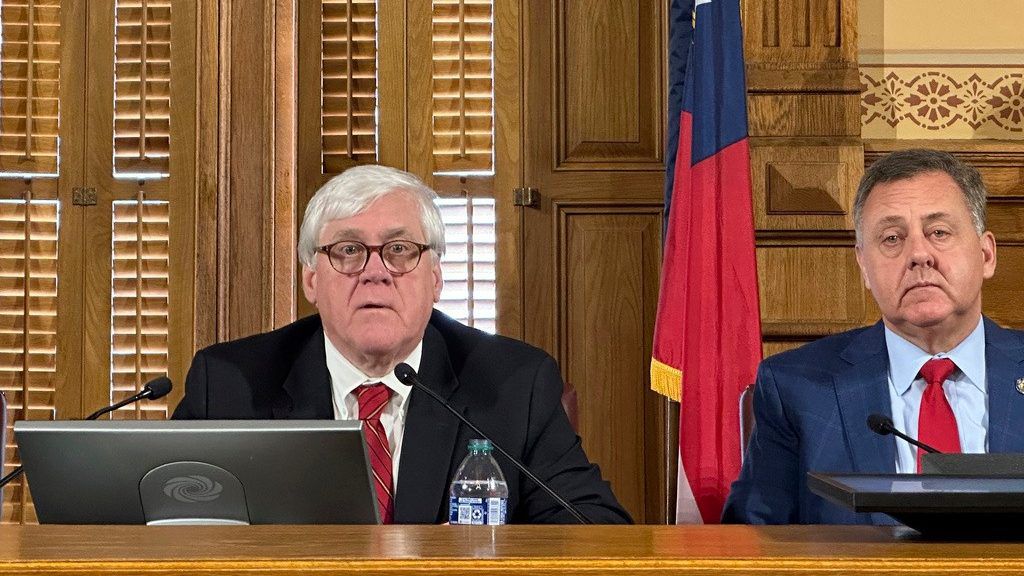 Georgia state Sen. Bill Cowsert, R-Athens, left, speaks, Friday, Feb. 9, 2024, at the Georgia Capitol in Atlanta, during the first meeting of a state Senate committee to investigate Fulton County District Attorney Fani Willis. (AP Photo/Jeff Amy)