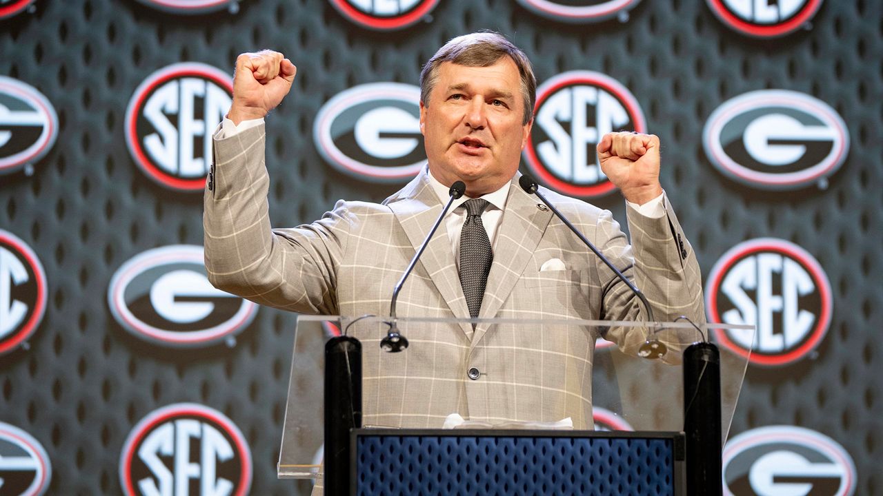 Georgia head coach Kirby Smart speaks during Southeastern Conference NCAA college football media days Tuesday, July 16, 2024, in Dallas. (AP Photo/Jeffrey McWhorter)