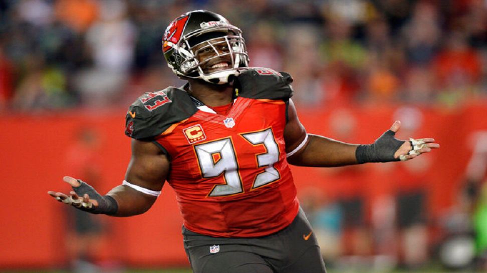 FILE - In this Nov. 27, 2016, file photo, Tampa Bay Buccaneers defensive tackle Gerald McCoy (93) reacts after sacking Seattle Seahawks quarterback Russell Wilson during the fourth quarter of an NFL football game in Tampa, Fla. McCoy will face his former team, the Tampa Bay Buccaneers, on Thursday night as a member of the Carolina Panthers. McCoy played nine season for Tampa Bay and went to six Pro Bowls and named All-Pro three times.(AP Photo/Jason Behnken, File)