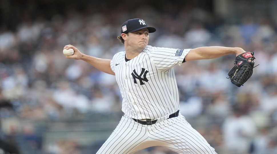 New York Yankees' Gerrit Cole pitches during the first inning of a baseball game against the Tampa Bay Rays, Friday, July 19, 2024, in New York. (AP Photo/Frank Franklin II)