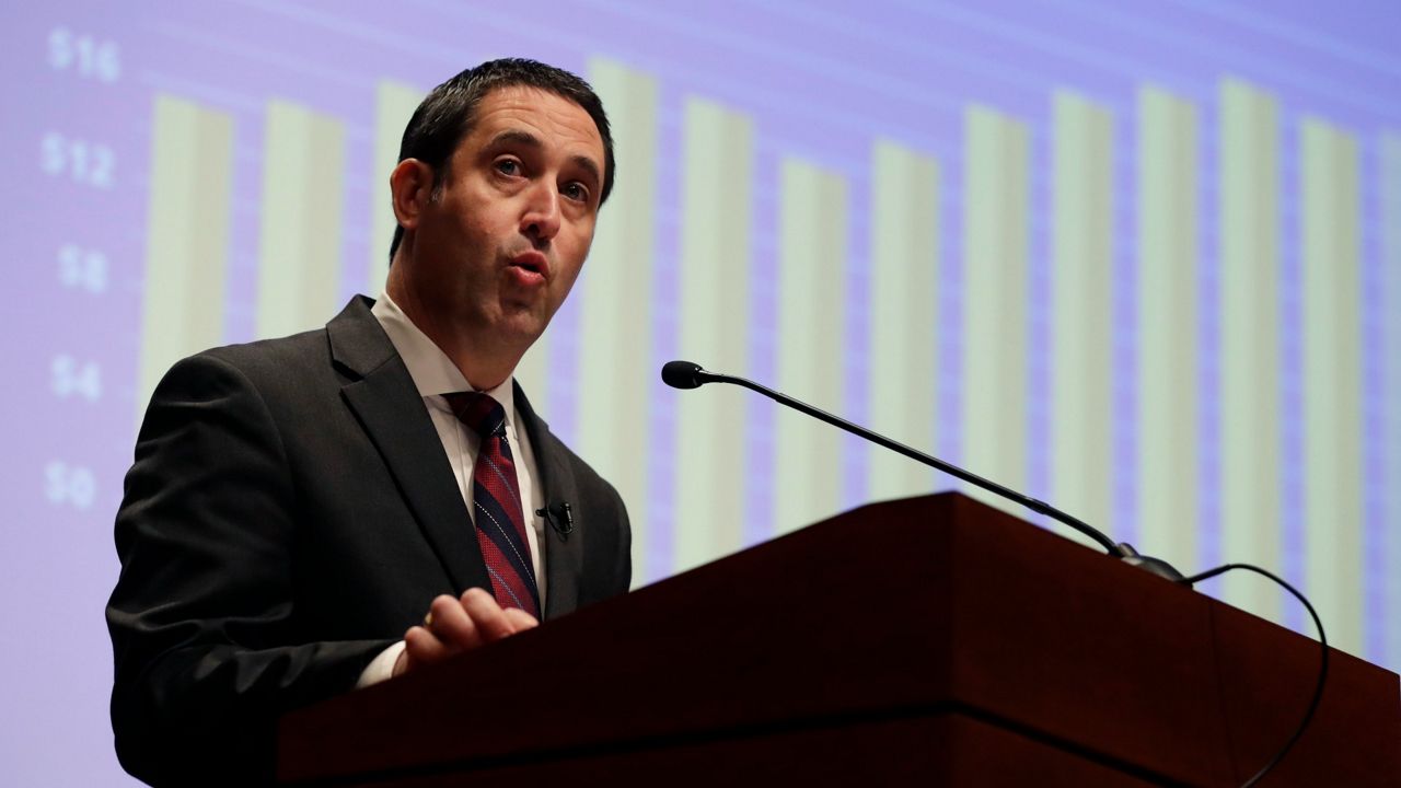 Texas State Comptroller Glenn Hegar speaks during a news conference, Monday, Jan. 9, 2017, in Austin, Texas. (AP Photo/Eric Gay)