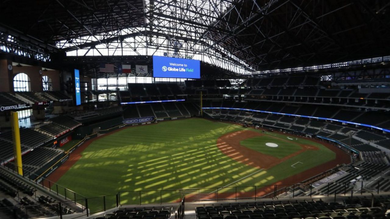 In this photo made Thursday, July 23, 2020, an upper deck view of the new Texas Rangers home baseball stadium named Globe Life Field is seen in Arlington, Texas. The Texas Rangers' new stadium isn't retro and designers wanted the first next-generation ballpark. There is the full-panel retractable roof, the split seating levels offering full views of the ballpark with plenty of natural light. (AP Photo/LM Otero)