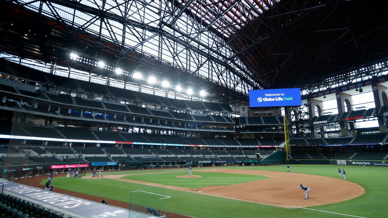 A general view of the playing field at Globe Life Field during a baseball game between the Texas Rangers and the Seattle Mariners in Arlington, Texas, Tuesday, Aug. 11, 2020. (AP Photo/Ray Carlin)