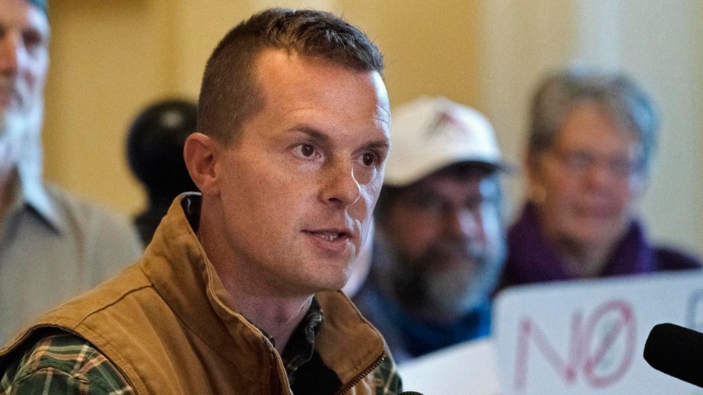 FILE - U.S. Rep. Jared Golden, D-Maine, speaks at a news conference, Nov. 1, 2022, at the Statehouse in Augusta, Maine. Golden, who is seeking reelection, will know his opponent after voters choose between Republicans Austin Theriault and Mike Soboleski in the Maine primary election on Tuesday, June 11, 2024. (AP Photo/Robert F. Bukaty, File)