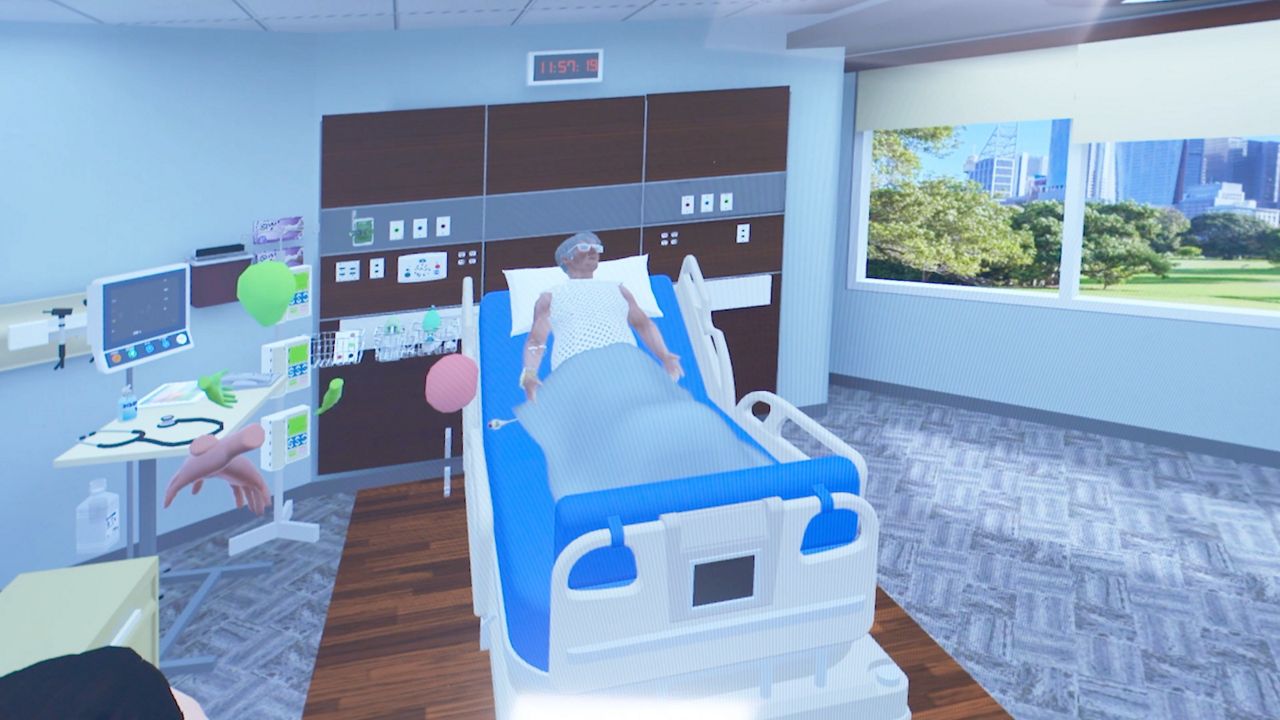 A virtual reality view of a patient in an exam room.