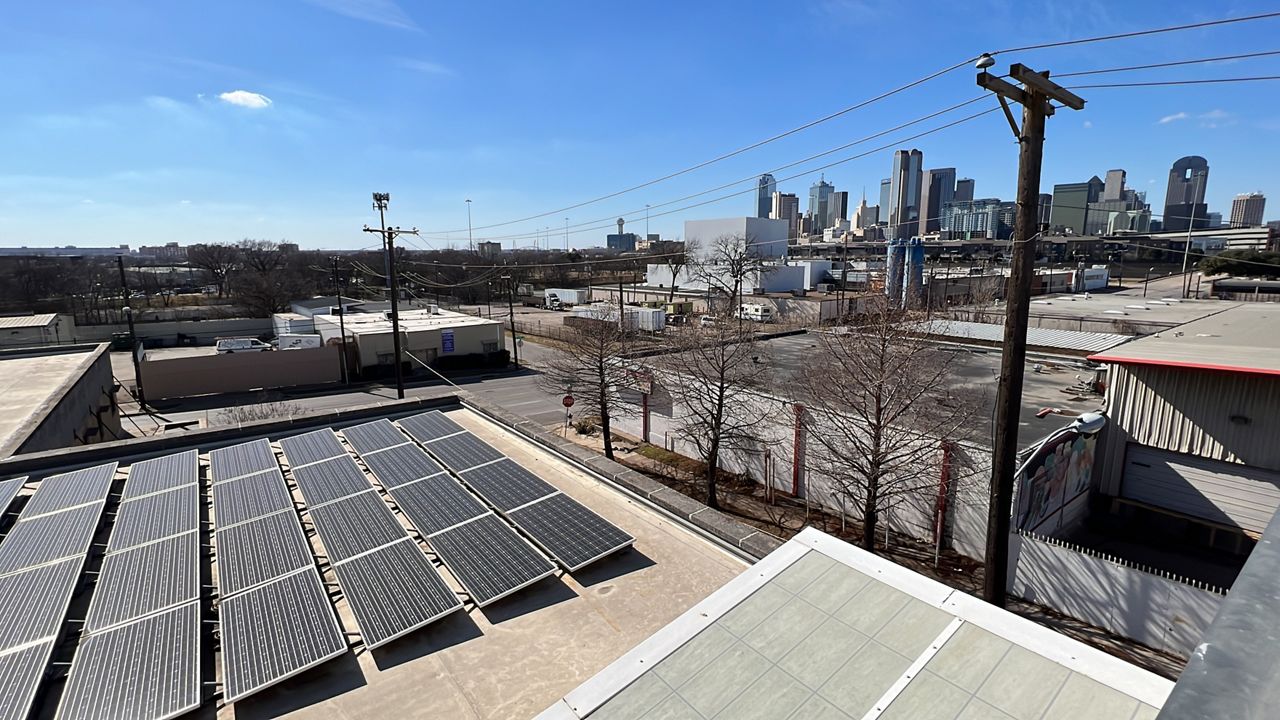 Solar panels appear on the roof of the Good Coworking building in this image from February 2022. (Spectrum News 1/Stacy Rickard