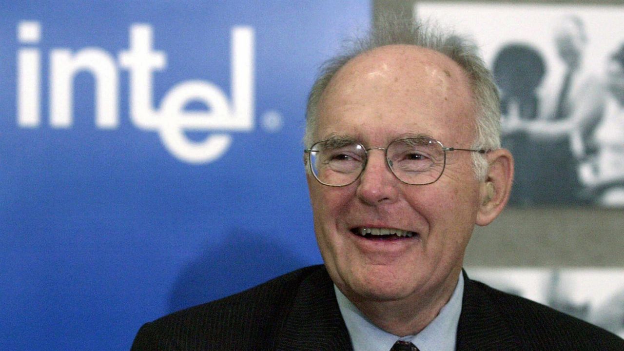 Gordon Moore, the legendary Intel Corp. co-founder who predicted the growth of the semiconductor industry, smiles during a news conference on Thursday, May 24, 2001 in Santa Clara.