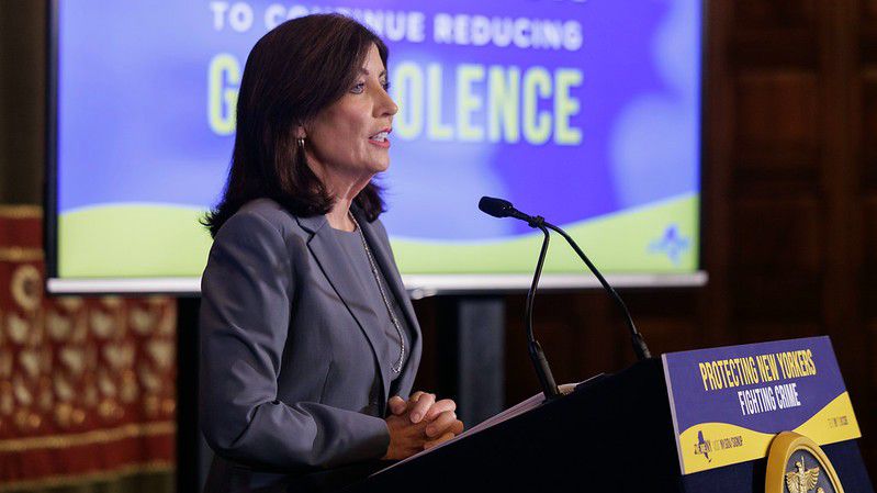 Gov. Kathy Hochul speaks to reporters in the state Capitol on Thursday. (Courtesy of Gov. Kathy Hochul's office)