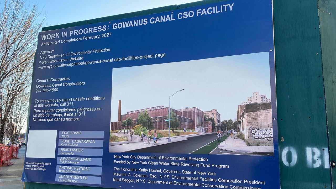 Mayor Eric Adams and the federal Environmental Protect Agency marked the start of a $1.6 billion project Wednesday to clean the Gowanus Canal. (NY1/Rebecca Greenberg)