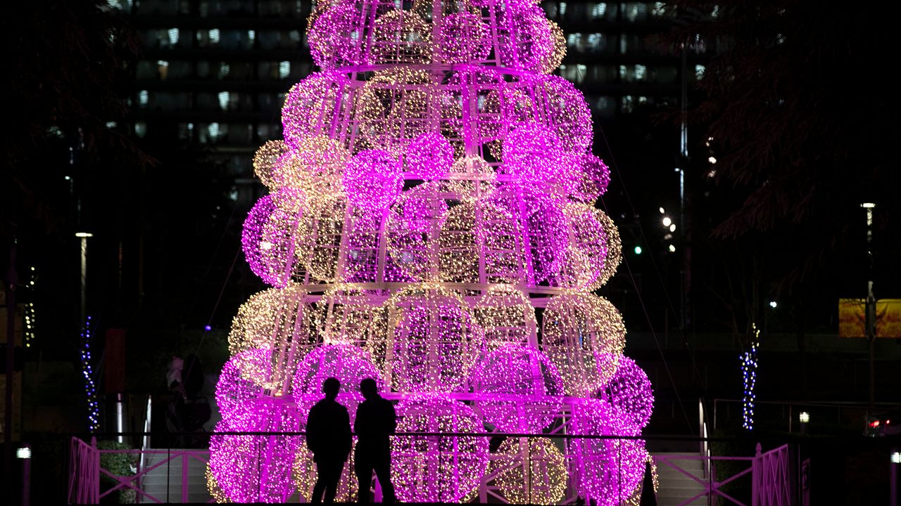 Two people stand in front of a 45-foot-tall Christmas tree at Grand Park Monday, Dec. 17, 2018, in Los Angeles. The tree is part of the Winter Glow light installations at the park created to celebrate the holiday season. (AP Photo/Jae C. Hong)