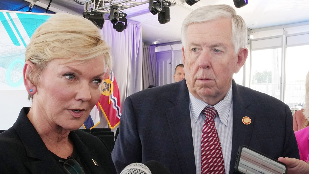 As Missouri Governor Mike Parson stands near, Secretary of Energy Jennifer Granholm talks with reporters while attending a groundbreaking ceremony for a $400 million battery materials manufacturing facility in St. Louis on Tuesday, August 8, 2023.  (Photo by: Bill Greenblatt/UPI)