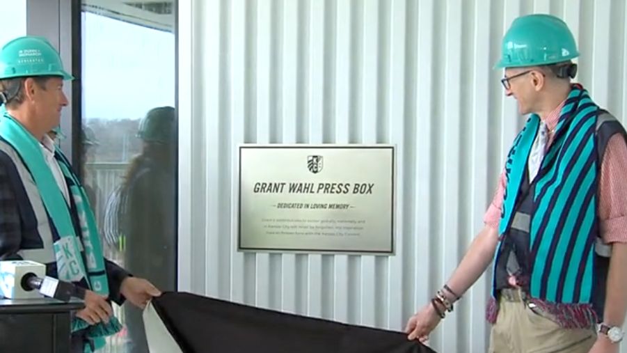 A ceremony is held to dedicate the Grant Wahl Memorial Press Box at CPKC Stadium in Kansas City. (Spectrum News)