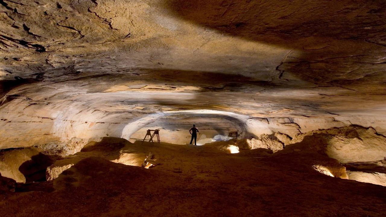 A surveyor examines the Great Saltpeter Cave in Mt. Vernon, Ky. The historic cave served as an important site to extract key ingredients in gunpowder from 1798-1815. (National Registry of Historic Places)