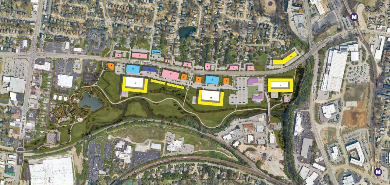 Green Street, a St. Louis development firm, has a proposal to redevelop the Manchester Road corridor in Brentwood between Hanley Rd. and Brentwood Blvd. (Courtesy Green Street & City of Brentwood)