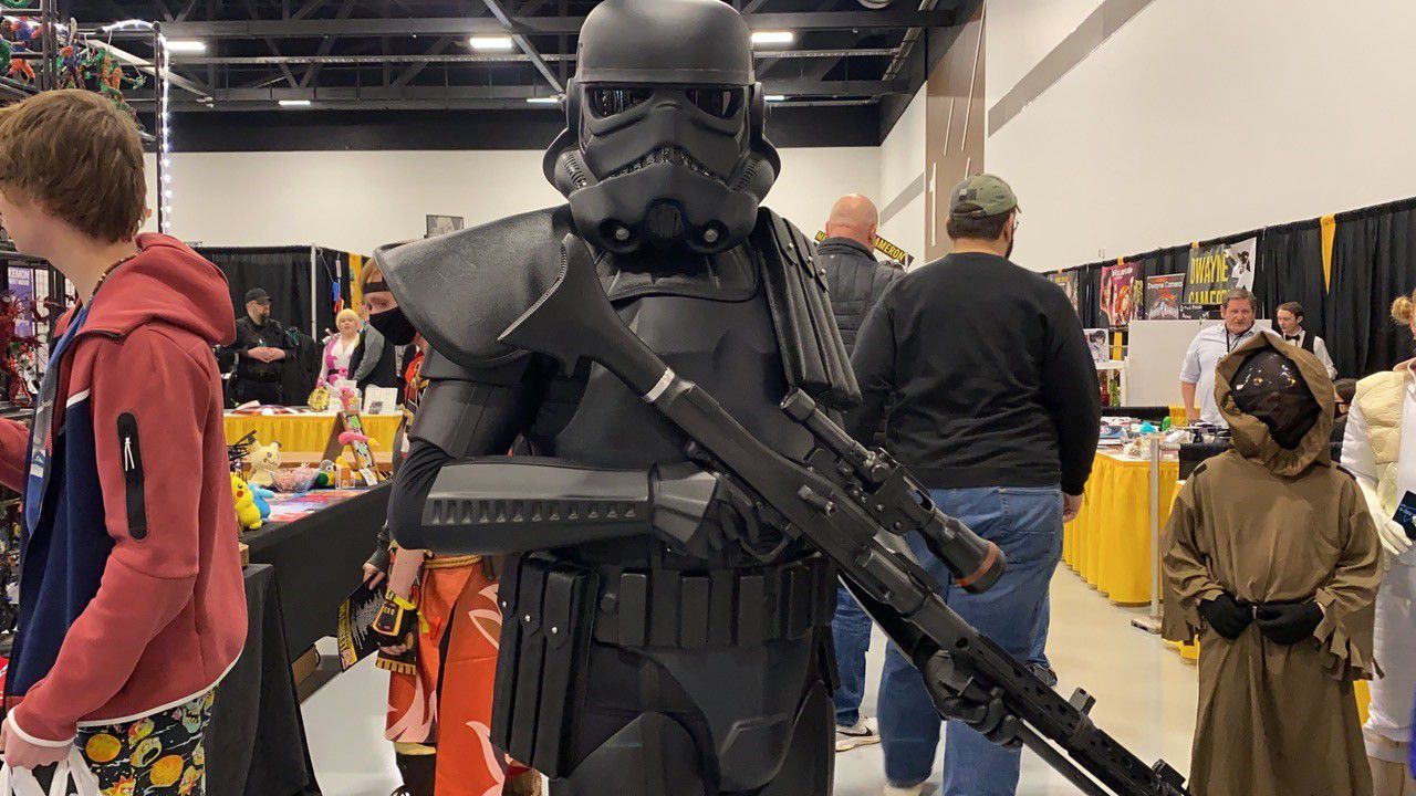 Greg Johnson, a member of 501st Legion, is dressed as a Shadow Trooper from Star Wars. (Spectrum News 1/Diamond Palmer)
