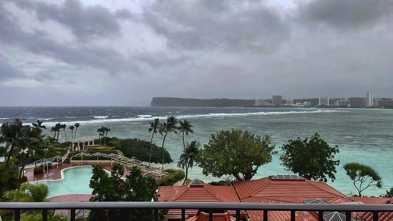 This photo provided by the U.S. Coast Guard overlooking Noverlooking Tumon Bay in Guam show Super Typhoon Mawar as it closes in on the island. (Lt. Junior Grade Drew Lovullo/US Coast Guard via AP)