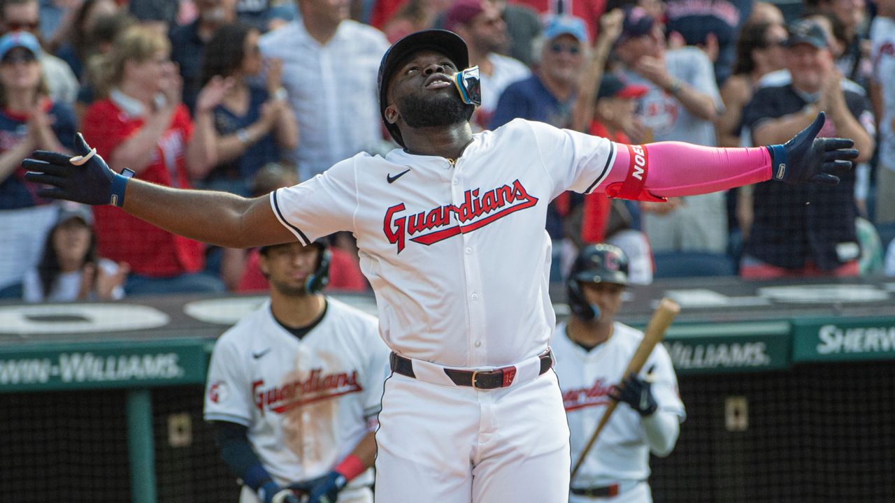 Cleveland Guardians' Jhonkensy Noel reacts after hitting a solo home run off San Francisco Giants relief pitcher Luke Jackson during the fifth inning of a baseball game in Cleveland, Saturday, July 6, 2024. (AP Photo/Phil Long)