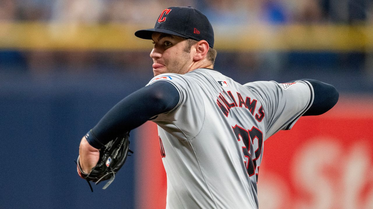 Cleveland Guardians pitcher Gavin Williams throws during the first inning of a baseball game against the Tampa Bay Rays, Saturday, July 13, 2024, in St. Petersburg, Fla. (AP Photo/Chris Tilley)