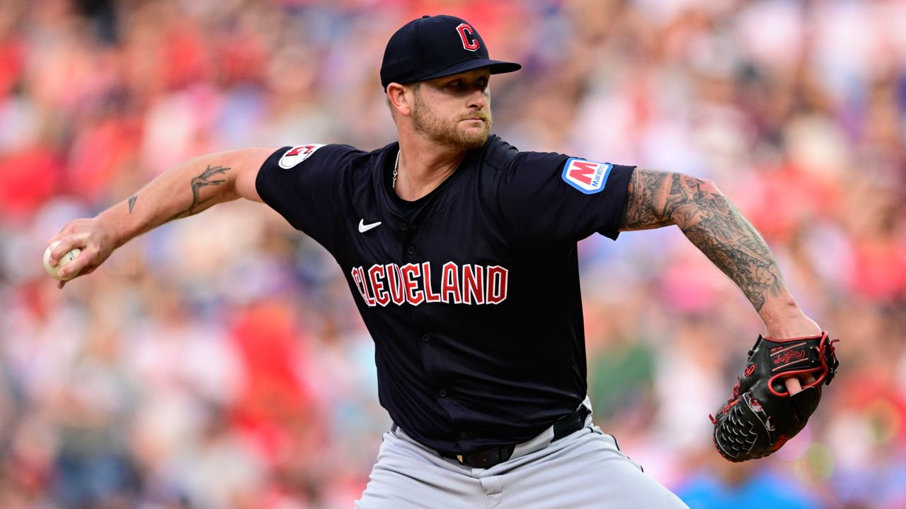 Cleveland Guardians' Ben Lively throws during the first inning of a baseball game against the Philadelphia Phillies, Friday, July 26, 2024, in Philadelphia. 