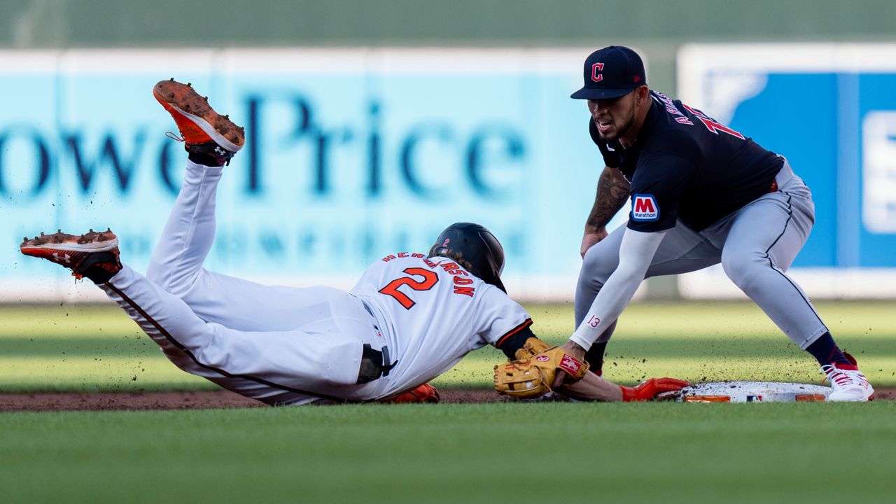 Baltimore Orioles' Gunnar Henderson (2) is safe at second in front of Cleveland Guardians shortstop Gabriel Arias, right, after returning on an attempt to steal third during the first inning of a baseball game, Monday, June 24, 2024, in Baltimore. 