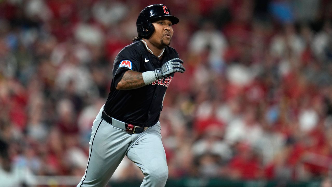 Cleveland Guardians' Jose Ramirez rounds the bases after hitting a solo home run during the fifth inning of a baseball game against the St. Louis Cardinals Friday, Sept. 20, 2024, in St. Louis. (AP Photo/Jeff Roberson)