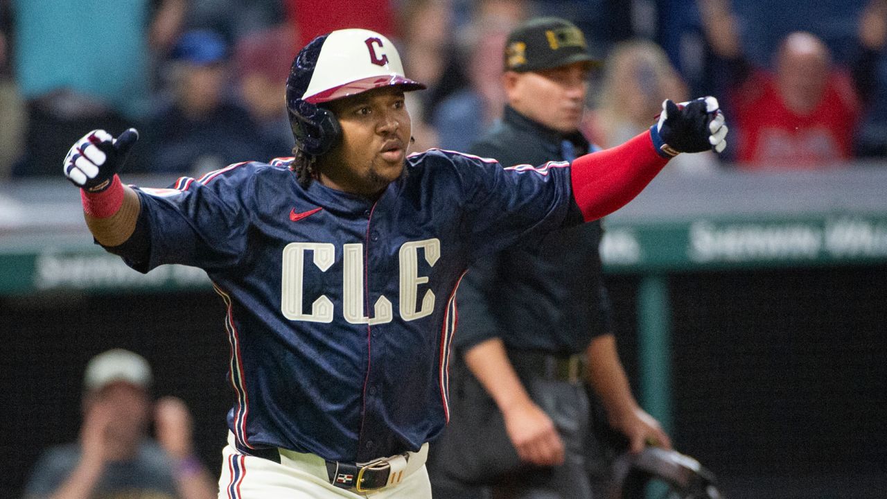 Cleveland Guardians' Jose Ramirez reacts after hitting a solo home run off Minnesota Twins relief pitcher Jhoan Duran during the eighth inning of a baseball game in Cleveland, Friday, May 17, 2024.