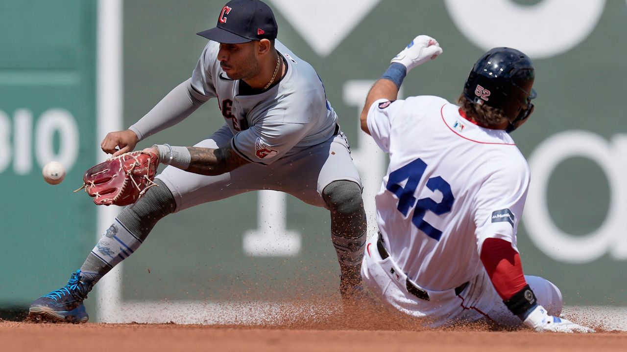 Boston Red Sox's Wilyer Abreu, right, steals second base as Cleveland Guardians' Brayan Rocchio gets the late throw during the fifth inning of a baseball game, Monday, April 15, 2024, in Boston. (AP Photo/Michael Dwyer)