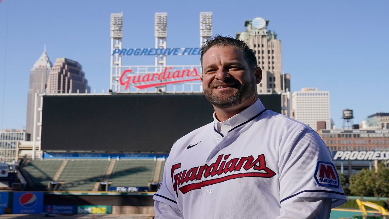 Stephen Vogt poses for a photo at Progressive Field following a news conference introducing him as the manager of the Cleveland Guardians baseball team at a news conference Friday, Nov. 10, 2023, in Cleveland. 