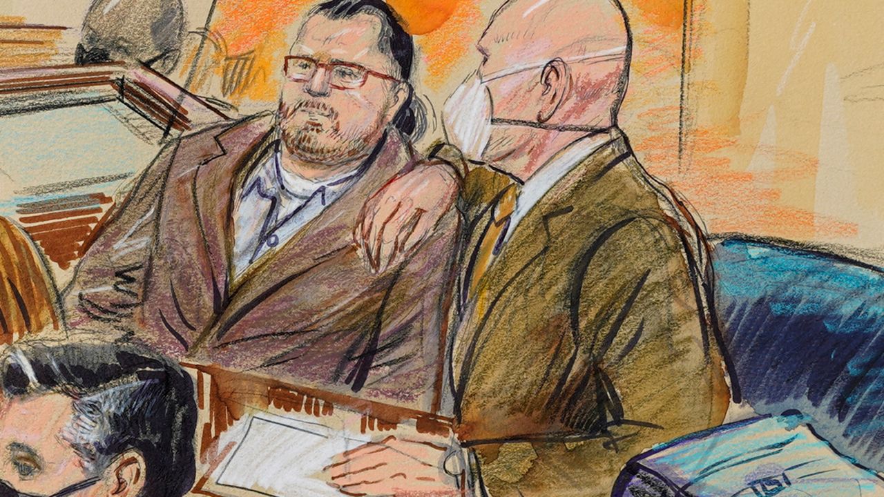 This artist sketch depicts Guy Wesley Reffitt, joined by his lawyer William Welch, right, in Federal Court, in Washington, on Feb. 28, 2022. Federal prosecutors are seeking a 15-year prison sentence for the Texas man who was convicted of storming the U.S. Capitol with a holstered handgun. If a judge accepts the recommendation, Reffitt's prison sentence would be nearly three times longer than any of the more than 200 other defendants who have been sentenced for crimes related to the Jan. 6, (Dana Verkouteren via AP, File)