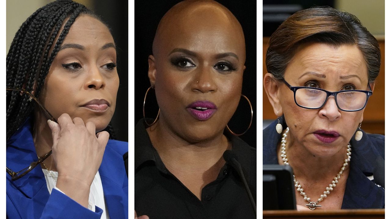 This combination of 2021-2023 photos shows U.S. Reps. Shontel Brown, D-Ohio, left; Ayanna Pressley, D-Mass., and Nydia Velazquez, D-N.Y. (AP Photo/Alex Brandon, Charles Krupa, Susan Walsh)