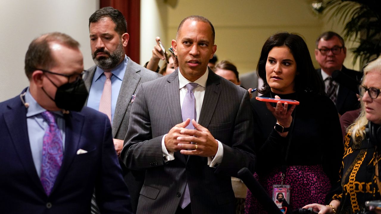 Rep. Hakeem Jeffries, D-N.Y., talks with reporters on Capitol Hill in Washington Thursday, Nov. 17, 2022. (AP Photo/Carolyn Kaster)