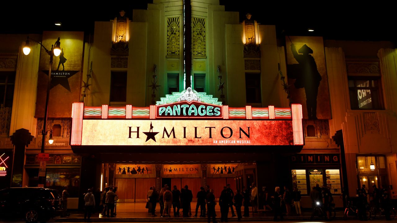 The Pantages Theatre marquee is pictured on the opening night of the Los Angeles run of "Hamilton: An American Musical" on Wednesday, Aug. 16, 2017, in Los Angeles. (Photo by Chris Pizzello/Invision/AP)