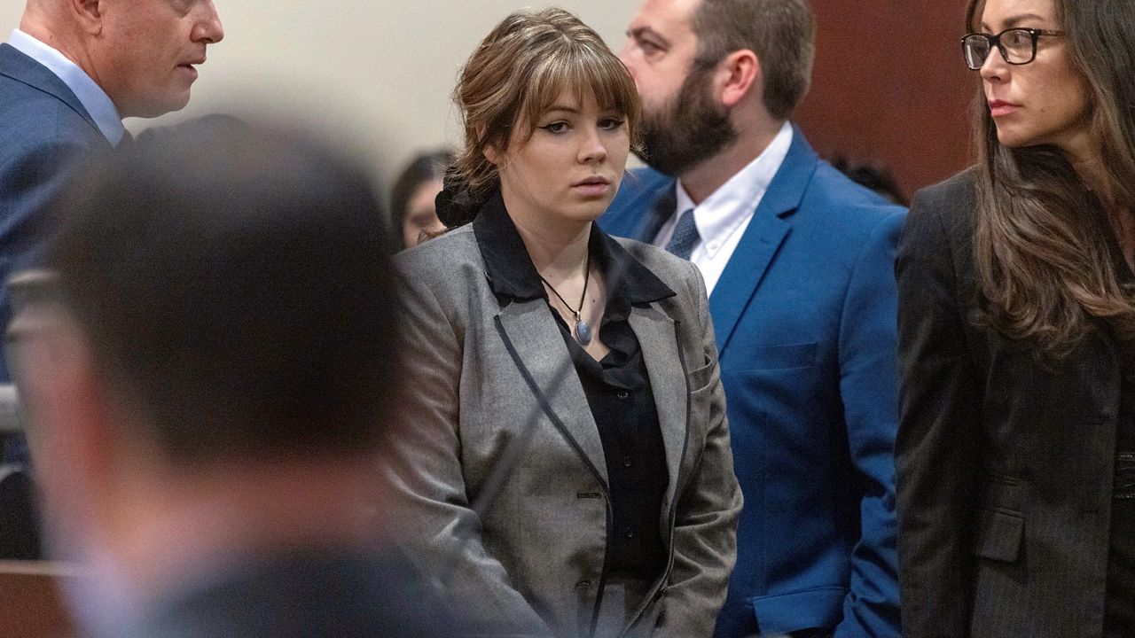 Defendant Hannah Gutierrez-Reed, former armorer on the set of the movie “Rust”, walks back to her seat after speaking with District Judge Mary Marlowe Sommer before her trial Monday at District Court in Santa Fe, N.M. (Luis Sánchez Saturn0/Santa Fe New Mexican via AP)