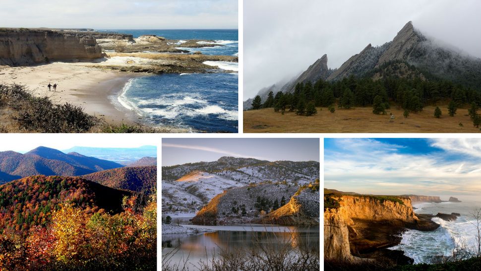 Top row, from left, San Luis Obispo coastline. Boulder Flatirons. Bottom row, from left, Skyline Drive view of Blueridge Mountains in Charlottesville, Virginia. Horsetooth Reservoir in Fort Collins (Courtesy/Paul Langlois, Flickr). Beaches at Santa Cruz.