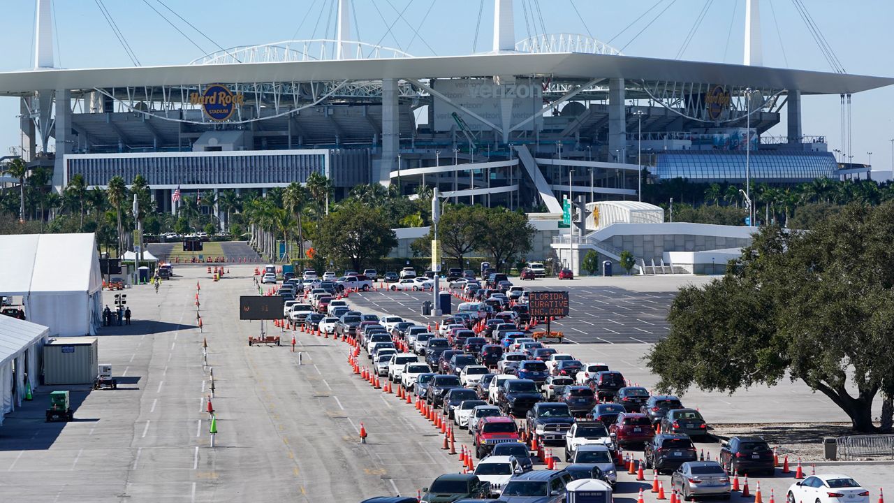 Cars line up for COVID-19 testing, Tuesday, Jan. 5, 2021, outside Hard Rock Stadium in Miami Gardens, Fla. (Wilfredo Lee/AP)