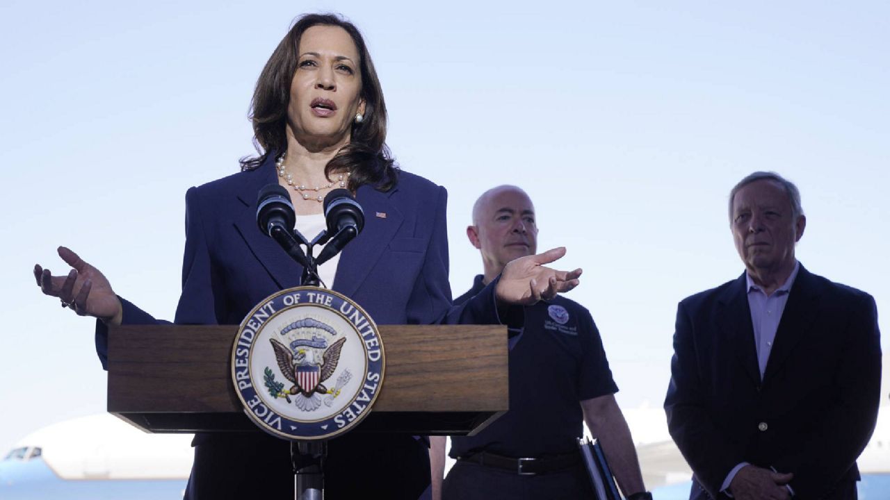 Vice President Kamala Harris talks to the media, Friday, June 25, 2021, after her tour of the U.S. Customs and Border Protection Central Processing Center in El Paso, Texas. Harris visited the U.S. southern border as part of her role leading the Biden administration's response to a steep increase in migration. (AP Photo/Jacquelyn Martin)
