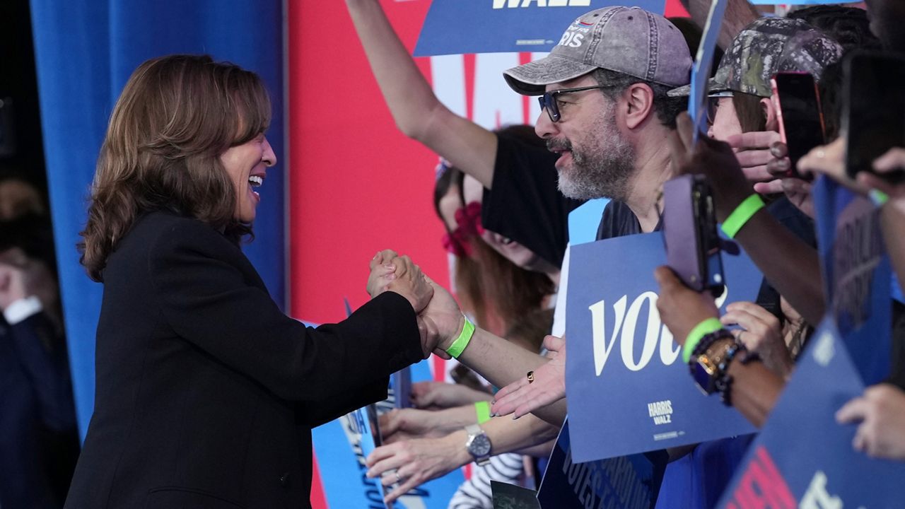 Democratic presidential nominee Vice President Kamala Harris arrives at a rally at the Coastal Credit Union Music Park at Walnut Creek in Raleigh, N.C., Wednesday, Oct. 30, 2024. (AP Photo/Susan Walsh)