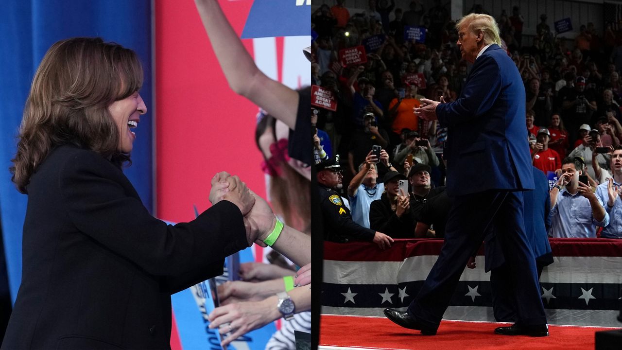 Democratic presidential nominee Kamala Harris, left, arrives at the Coastal Credit Union Music Park at Walnut Creek in Raleigh, while Republican presidential nominee Donald Trump departs a rally at Rocky Mount Event Center in Rocky Mount, N.C., on Wednesday, Oct. 30, 2024. (AP Photos/Susan Walsh and Julia Demaree Nikhinson)