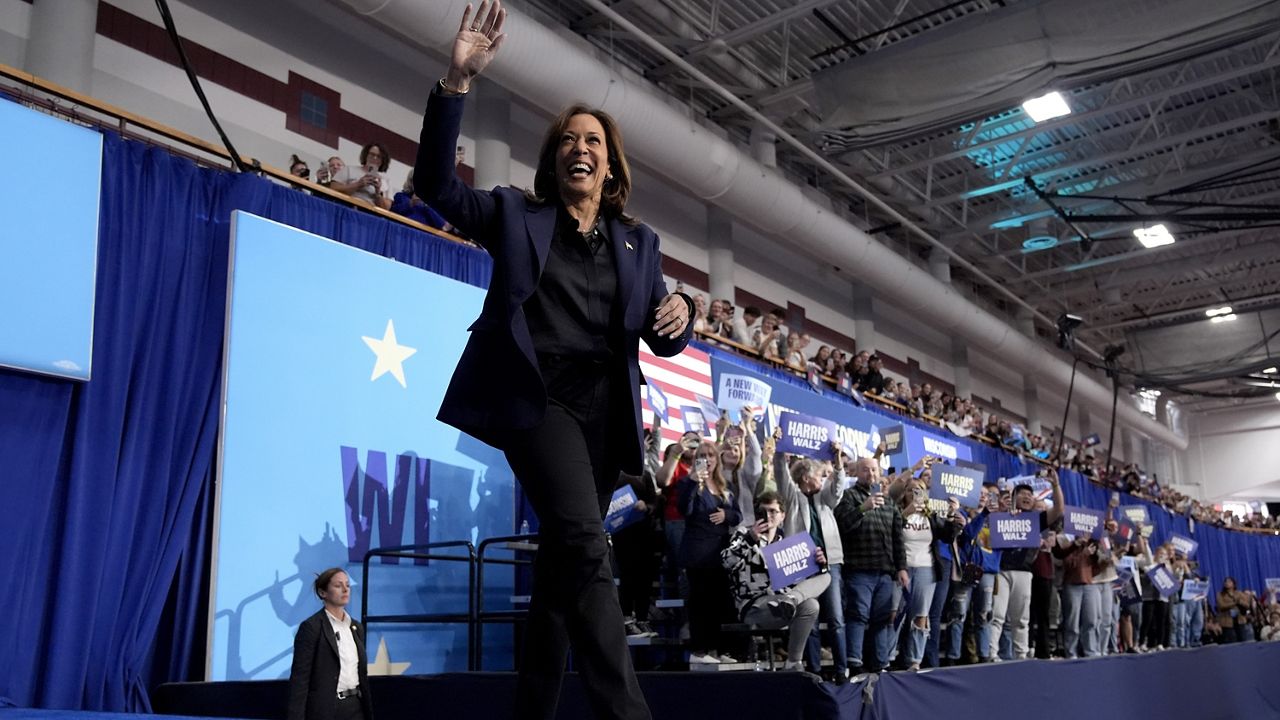 Democratic presidential nominee Vice President Kamala Harris arrives to speak at a campaign rally at the University of Wisconsin La Crosse, in La Crosse, Wis., Thursday, Oct. 17, 2024. (AP Photo/Jacquelyn Martin)