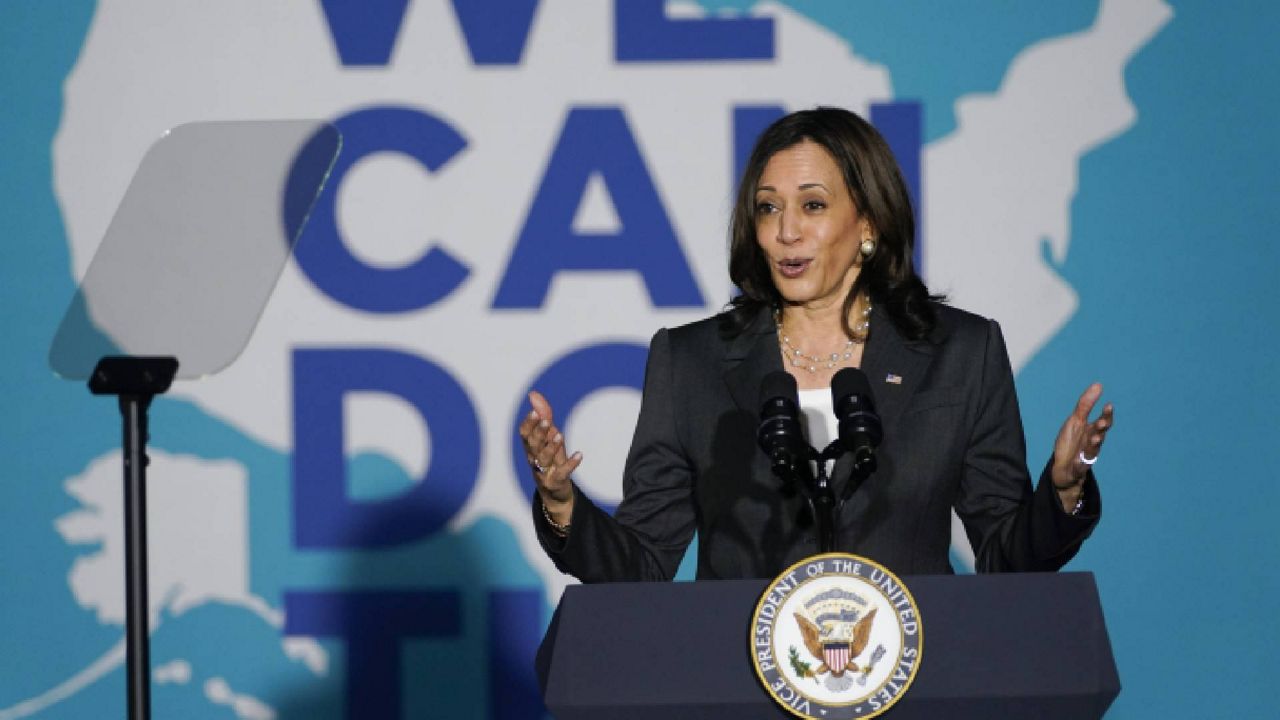 Vice President Kamala Harris speaks at Clark Atlanta University, Friday, June 18, 2021, in Atlanta. (AP Photo/Jacquelyn Martin)