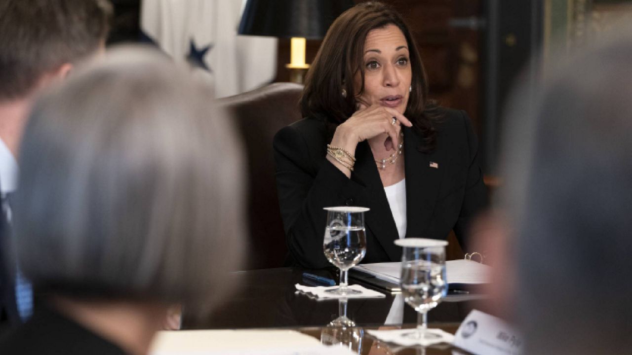 Vice President Kamala Harris attends a meeting with business CEO's about economic development in the Northern Triangle, Thursday, May 27, 2021, from her ceremonial office on the White House complex in Washington. (AP Photo/Jacquelyn Martin)