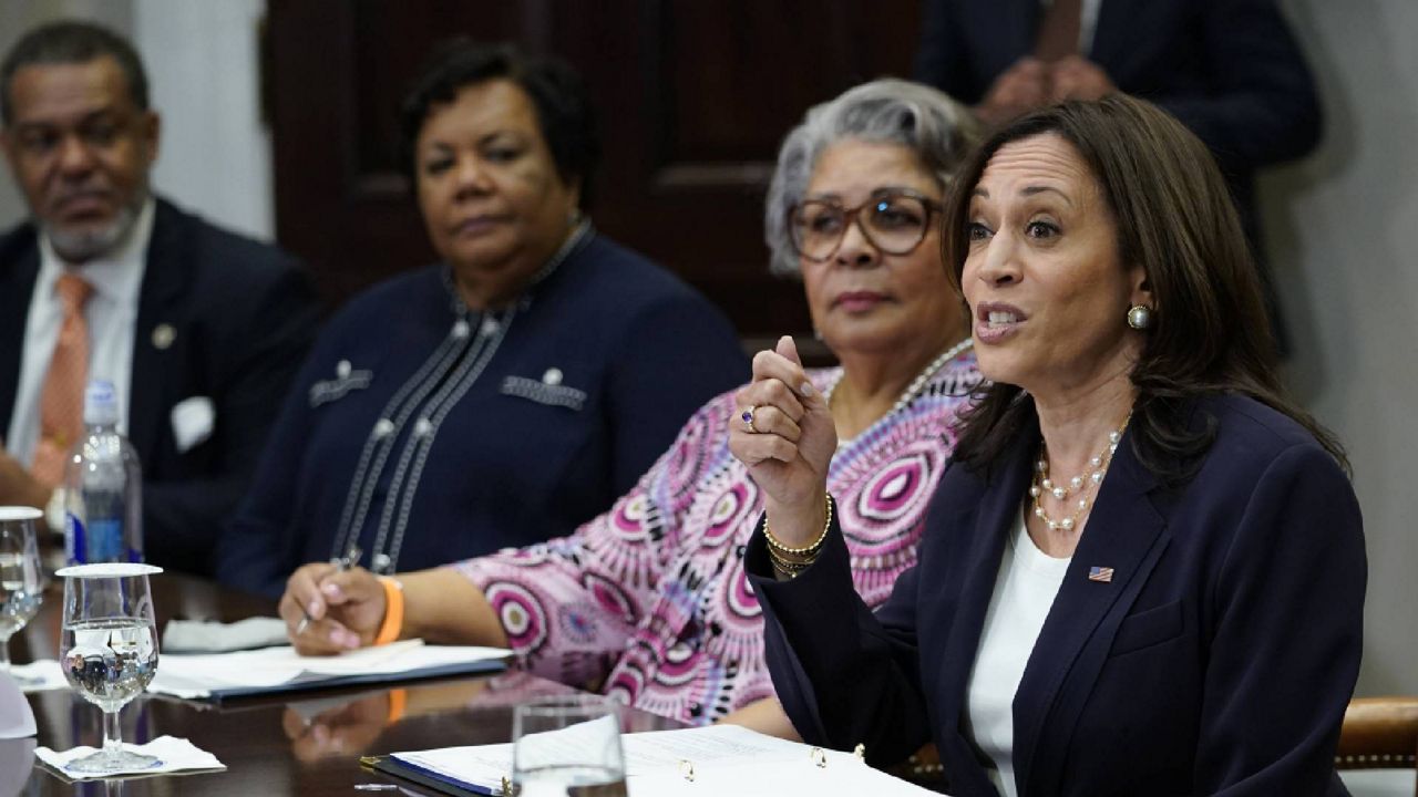 Vice President Kamala Harris, right, speaks during a meeting with members of the Texas State Senate and Texas House of Representatives in the Roosevelt Room of the White House in Washington, Wednesday, June 16, 2021. (AP Photo/Susan Walsh)