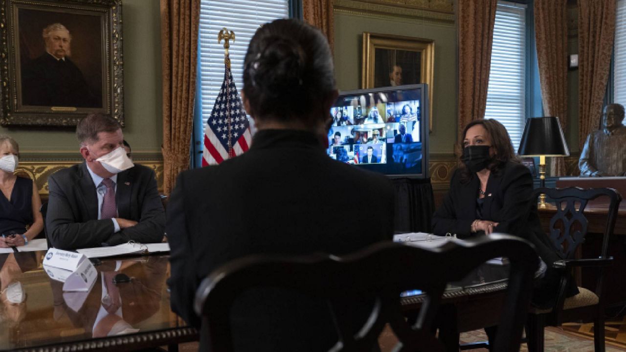 Vice President Kamala Harris, right, meets Thursday with the White House Task Force on Worker Organizing and Empowerment in Harris' ceremonial office in the Eisenhower Executive Office Building on the White House complex. (AP Photo/Jacquelyn Martin)