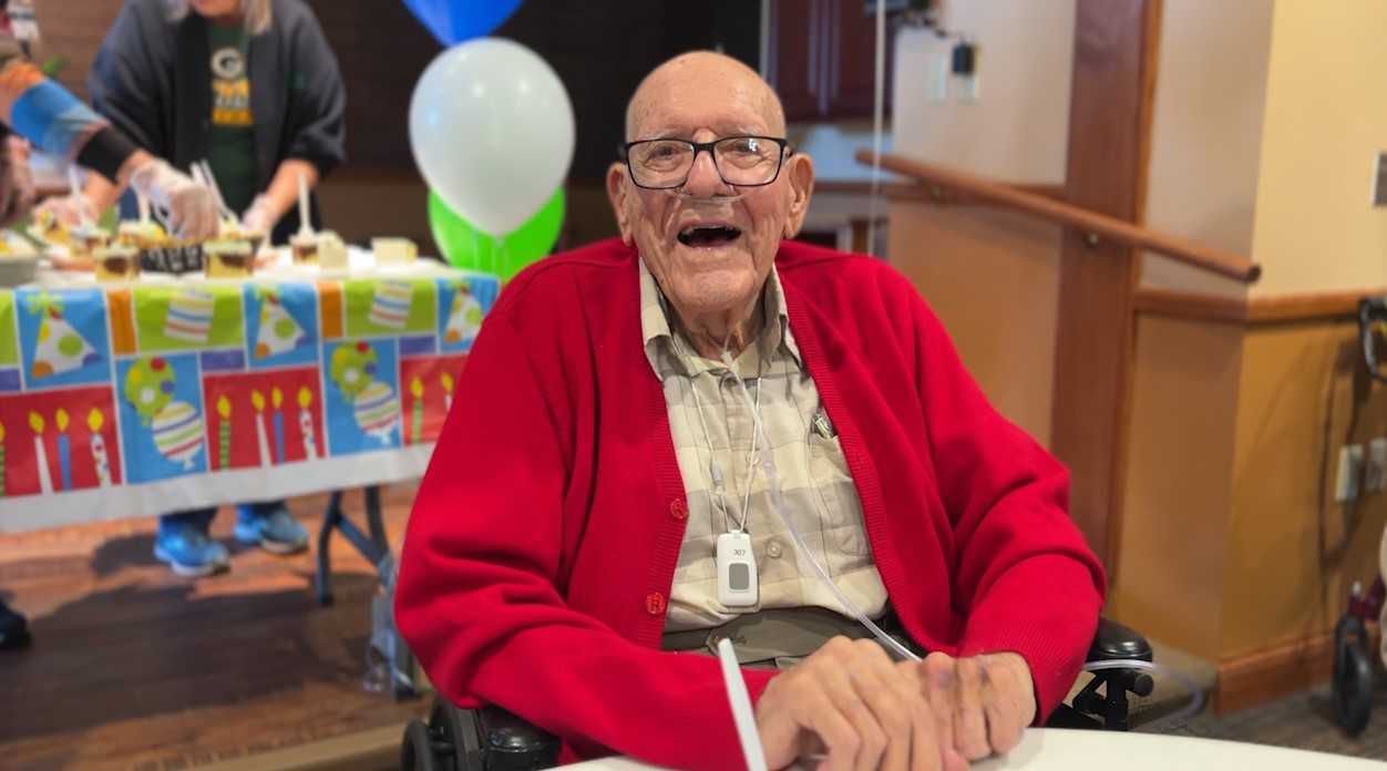 Harry Baker smiles on his 103rd Birthday.