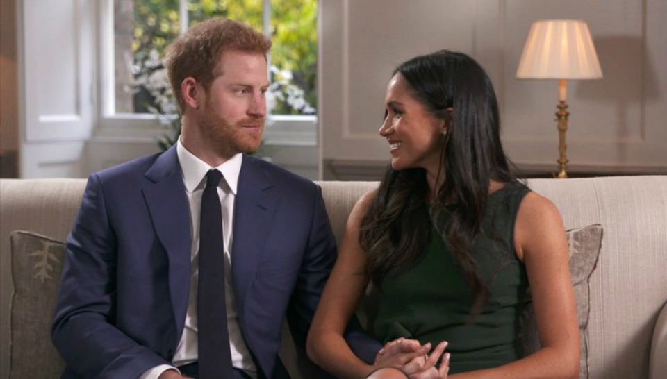 In this photo taken from video Britain's Prince Harry and Meghan Markle talk about their engagement during an interview in London, Monday, Nov. 27, 2017. It was announced Monday that Prince Harry, fifth in the line for the British throne, will marry American actress Meghan Markle in the spring, confirming months of rumors. (Pool via AP)