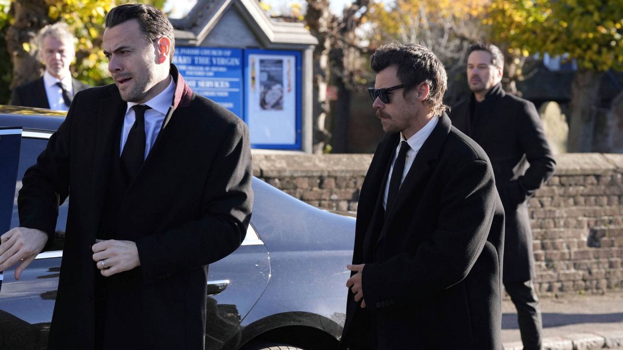 Harry Styles arrives for the funeral service of One Direction singer Liam Payne at St Mary's Church in Amersham, Buckinghamshire, England, on Wednesday. (Andrew Matthews/PA via AP)