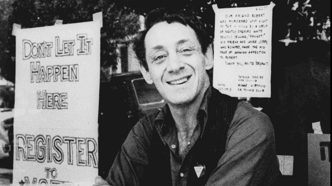 Harvey Milk poses in front of his camera shop in San Francisco in this Nov. 9, 1977 photo. (AP photo)