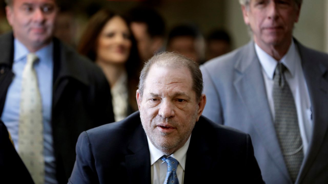 In this Feb. 24, 2020, file photo, Harvey Weinstein arrives at a Manhattan courthouse as jury deliberations continue in his rape trial in New York. (AP Photo/Seth Wenig)