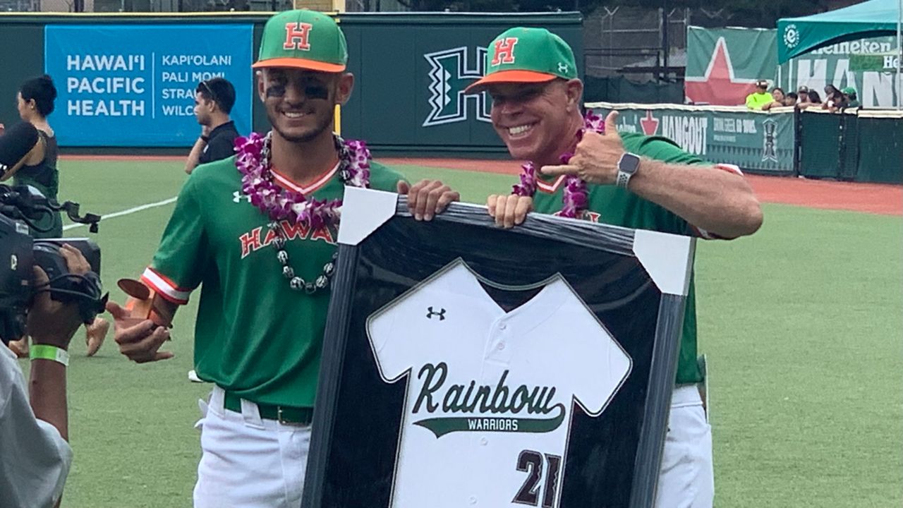 Two first-year members of the Hawaii baseball program, center fielder Cole Cabrera and head coach Rich Hill posed after senior ceremonies.