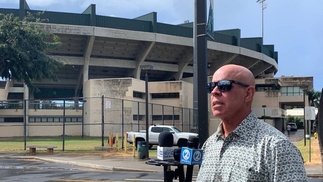 New Hawaii baseball coach Rich Hill spoke to media outside Les Murakami Stadium on Tuesday. 